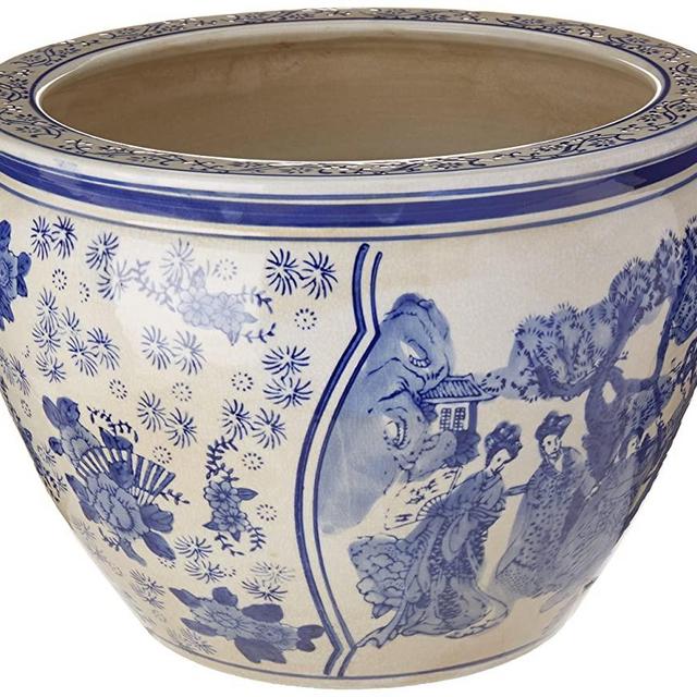 Oriental Furniture 14" Ladies Blue & White Porcelain Fishbowl