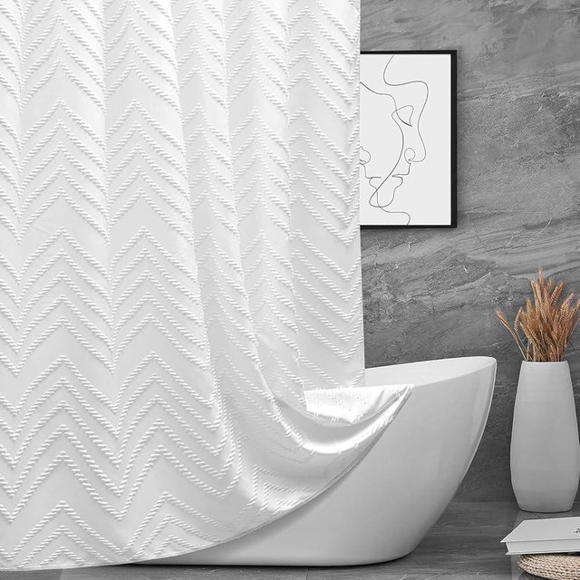 Extra Long Shower Curtains 72 x 84 Inches White Tufted Chevron Striped Fabric Shower Curtains for Bathroom Modern Shabby Chic Waterproof Cloth Shower Curtain Set with Hooks, White