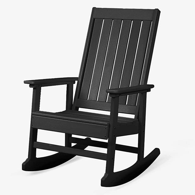 LAZZO Patio Rocking Chair, Large Recycled Plastic Rocker Chair, 1 Person Indoor & Outdoor Porch Rocking Chair for, Garden, Yard, Living Room, Entryway (Black)