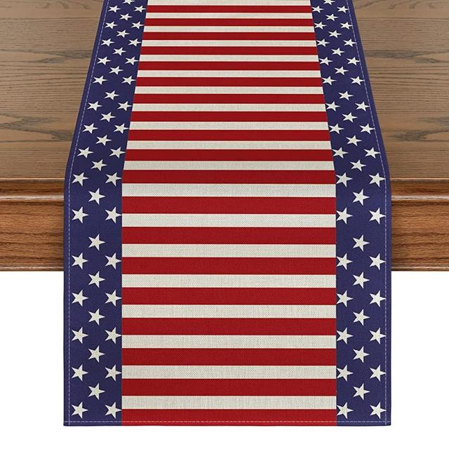 Artoid Mode Watercolor Strips and Stars Table Runner, 4th of July Patriotic Memorial Day Independence Day Holiday Kitchen Dining Table Runners for Home Party Decor 13 x 90 Inch