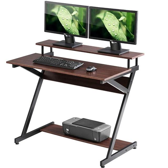 FITUEYES Computer Desk for Small Spaces, 39-Inch Small Desk with 2-Monitor Shelf & Bottom Storage Shelves, Unique Z-Shaped Compact Study Writing Table for Home Office, Teak/Black