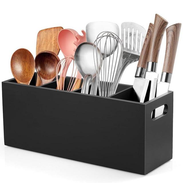 ALELION Large Utensil Holder with Removable Divider - 4 Compartment Wooden Utensil Caddy Organizer for Kitchen Counter - Black Cooking Utensil Crock for Countertop
