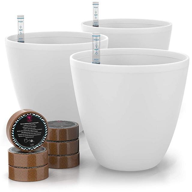 GARDENIX DECOR 7'' Self Watering Planters for Indoor Plants - Flower Pot with Water Level Indicator for Plants, Grow Tracking Tool - Self Watering Planter Plant Pot - Coco Coir - White Round 3 Pack