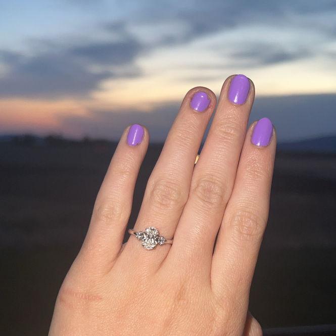 I took this picture of my ring right after Shamus proposed at sunset on our balcony! (Jul 2025)