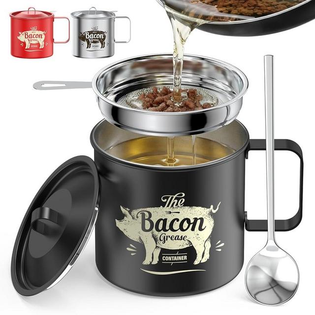 PGYARD Mini Bacon Grease Saver With Strainer - 20 OZ Stainless Steel Oil Container, Farmhouse Bacon Grease Keeper For Kitchen Fat Storage, Dishwasher Safe-Black