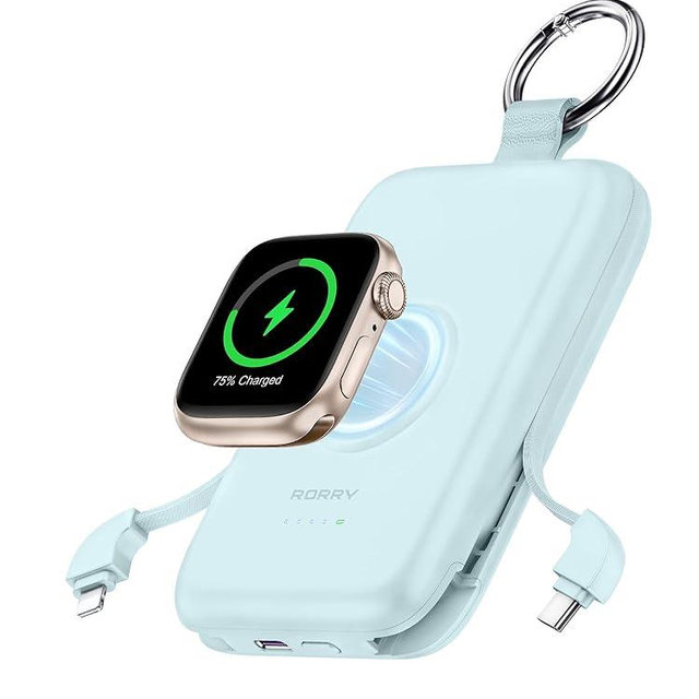 RORRY Portable Charger, 10000mAh PD 20W Fast Charging Portable Charger Power Bank with Built in Cables, Travel Battery Pack for iPhone 16/15/14/13/12/11 and Apple Watch Ultra/10/9/8/7/6/5/4/3, Blue