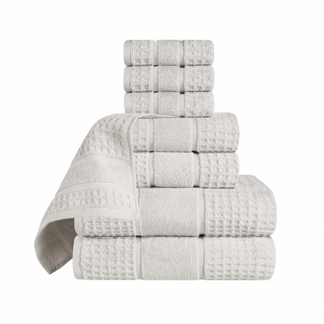 Zero Twist Cotton Waffle Honeycomb Medium Weight 8 Piece Bathroom Towel Set, Stone Grey - Blue Nile Mills