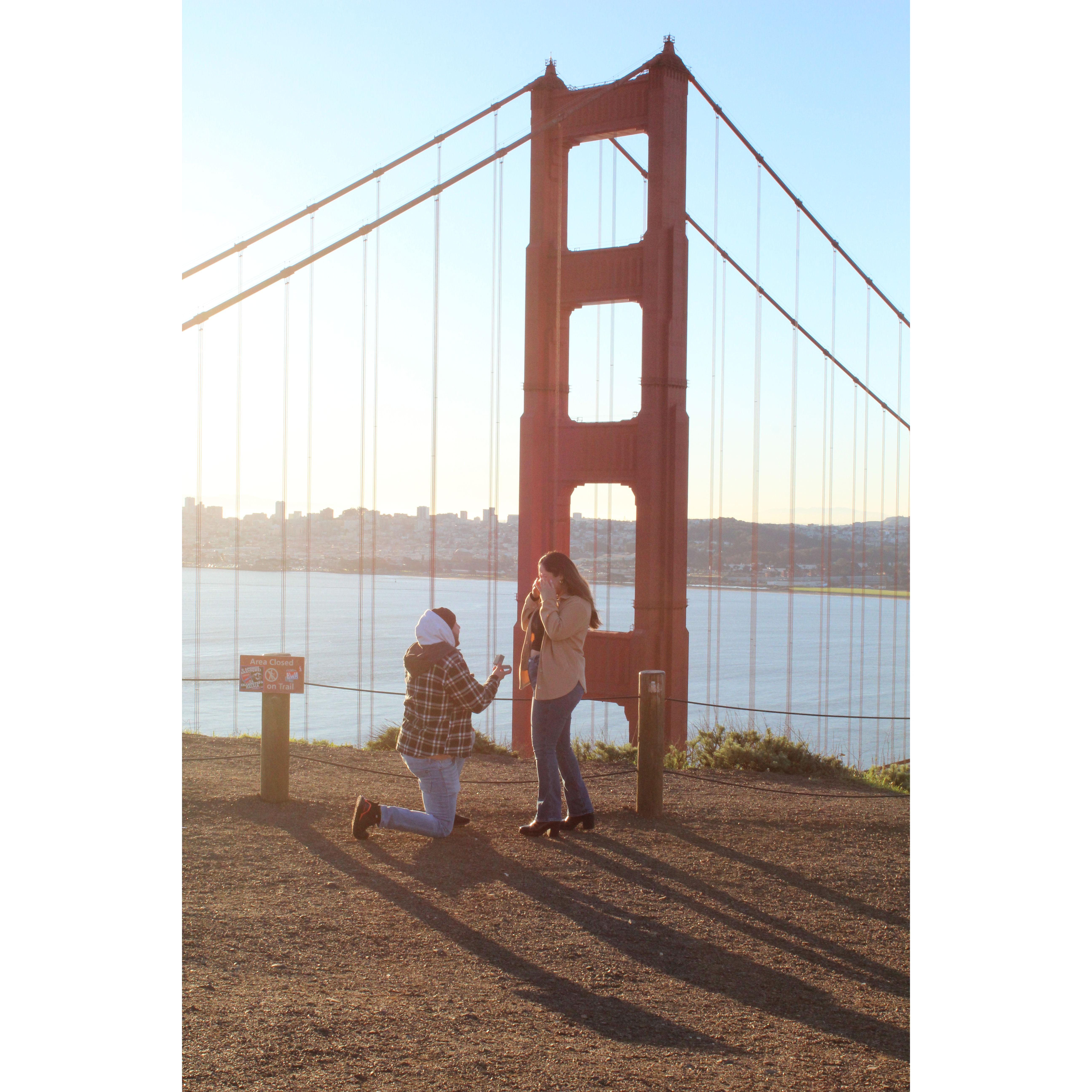 Ale proposed on February 10th, 2024 at 7 in the morning at the beautiful Battery Spencer overlooking the Golden Gate Bridge!