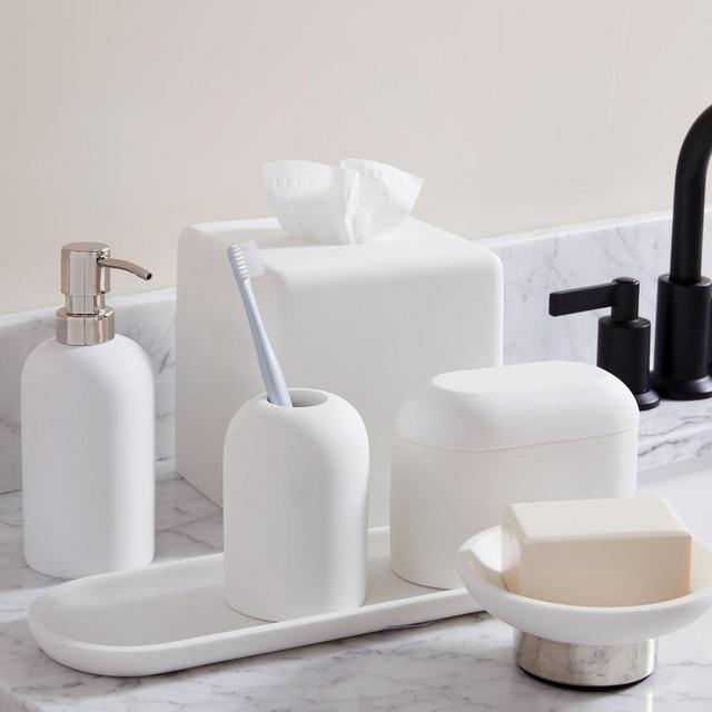 Modern Resin Soap Dish, Soap Pump, Large Canister, Tray, + Toothbrush Holder, Set of 5