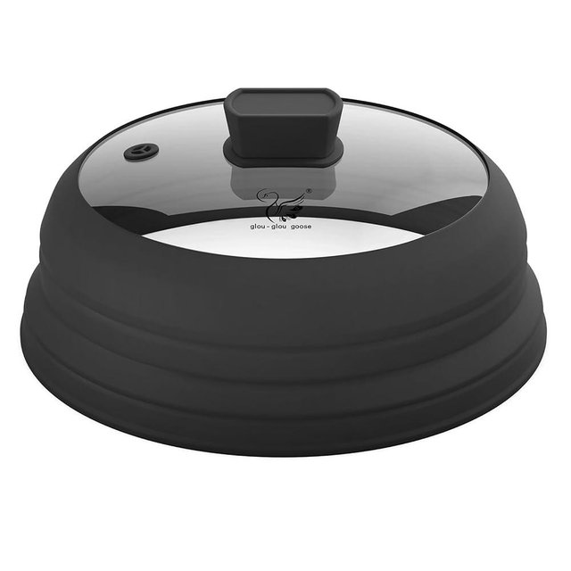 Microwave Splatter Cover Glass Guard Lid with Collapsible Silicone for Food Pot Plate 9.8 inch Black
