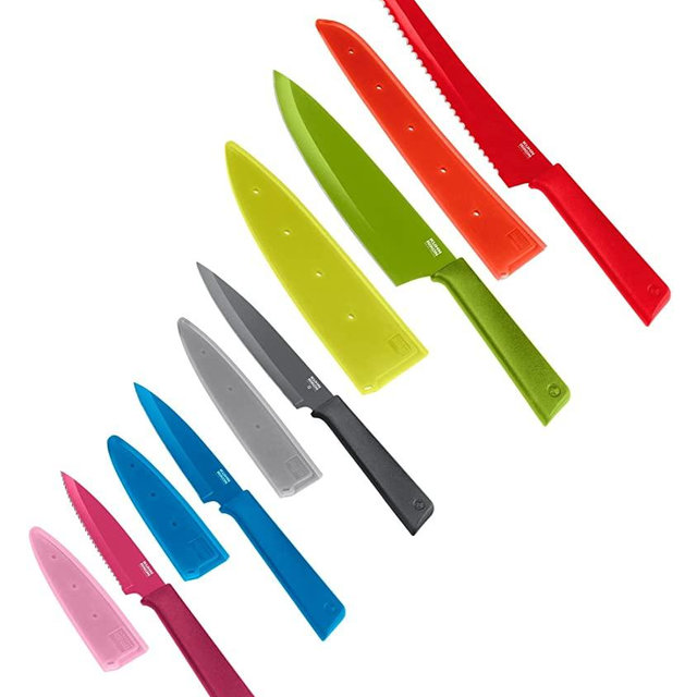 Kuhn Rikon COLORI+ Mixed Knife Set with Non-Stick Coating and Safety Sheaths, Set of 5, Fuchsia, Blue, Graphite Grey, Green and Red