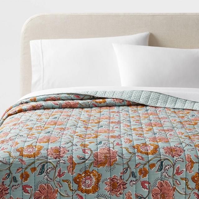 Full/Queen Boho Earthy Vines Quilt Light Teal Blue/Mustard Yellow/Light Pink Floral - Threshold™