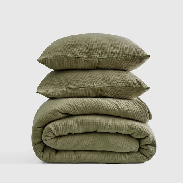 Organic Cotton Gauze Dream Quilt Set - Olive, Full/Queen