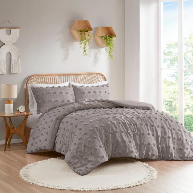 3pc Full/Queen Elise Pom Pom Jacquard Antimicrobial Dust Free Comforter Set Gray - Intelligent Design