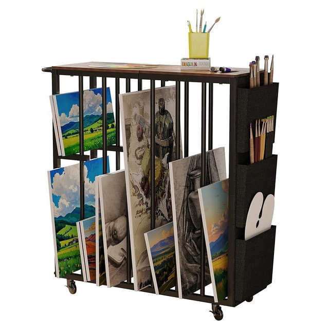 NinPeen Large Art Storage Rack with Wheels and Handle,Metal Art Storage Organizer with Side Pockets,Art Display Stands Drying Painting for Canvas,Frame,Drawing Board,Gallery,Artworks (Brown)