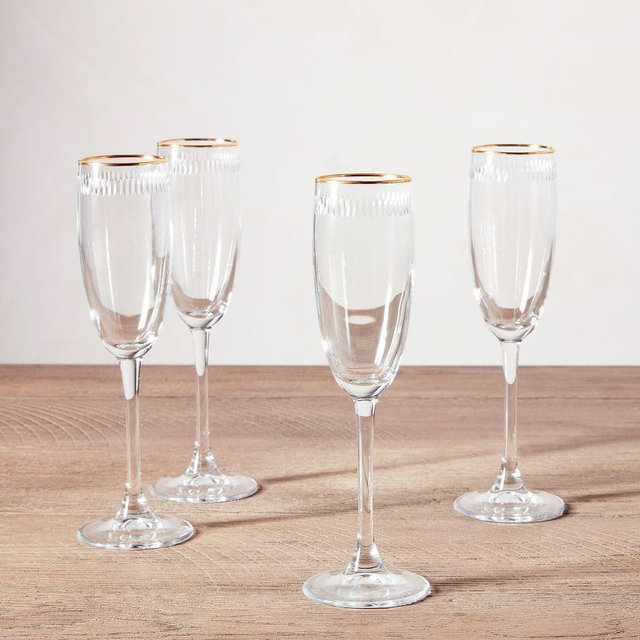Etched Gold Rim Champagne Flutes, Set of 4