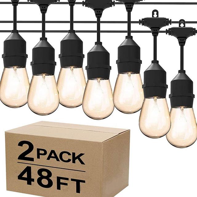 Magictec LED Shatterproof String Lights Commercial Grade with 15 Hanging Sockets 48 Ft Black Outdoor Weatherproof Cord Strand for Patio Garden Porch Backyard Bistro Gazebo Party Deck Yard, 2 Pack