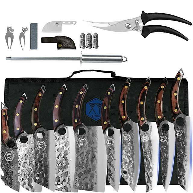 XYJ Authentic Since 1986,10-pcs Kitchen Knife Set,High Carbon Steel Forged Chef Knives,Vegetable Meat Cleaver, Carving,Nakiri,Full Tang,Cutlery Knife With Carry Bag,Sharpener&Poultry Scissor (Coffee)