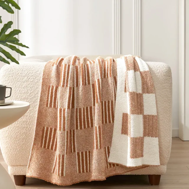Reversible Checkered Striped Throw Blanket Cozy Lightweight Textured Throw, Snuggle Sac, Orange 60*80"