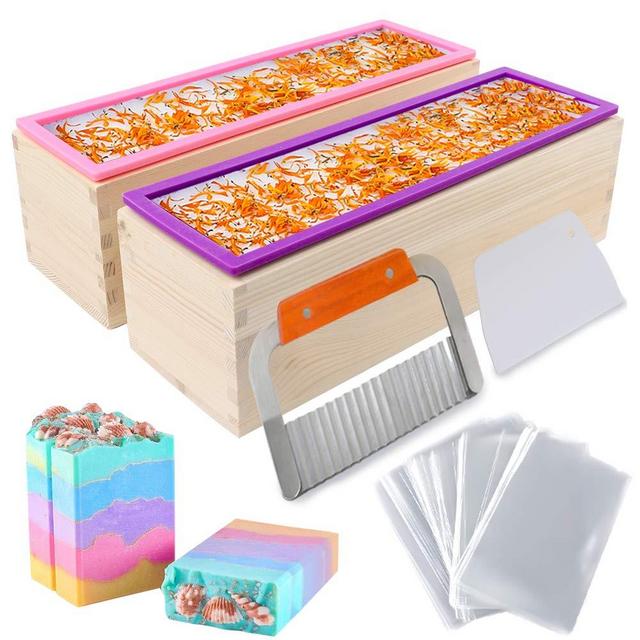 YGEOMER 2pcs 42oz Loaf Soap Mold, Rectangular Silicone Mold Set for Making Soap, with Wooden Boxes, 2 Cutters and 100pcs 4x6 inches Bags