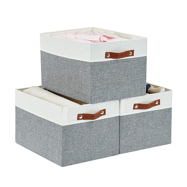 DECOMOMO Foldable Storage Bin [3-Pack] Collapsible Sturdy Cationic Fabric Storage Basket Cube W/Handles for Organizing Shelf Nursery (Grey and White, Large - 15 x 11 x 9.5-3 Pack)