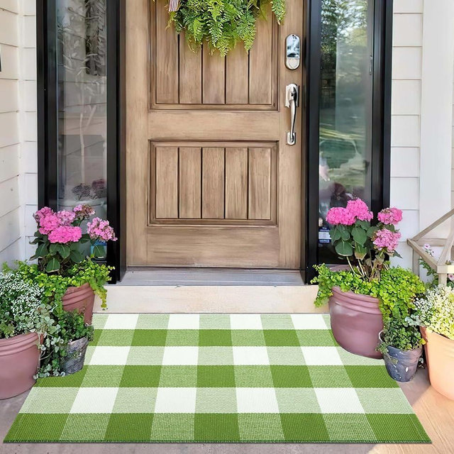 Layered Doormat 24''x35'' Green and White Buffalo Plaid Porch Mat Cotton Woven Washable Carpet for Layered Doormat Hello/Welcome Door Mat,Kitchen,Farmhouse,Entryway