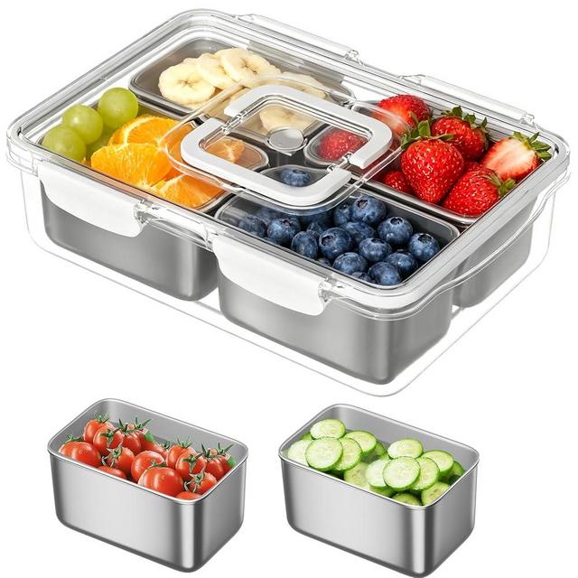 Snackle Box Container, 304 Stainless Steel Divided Serving Tray with Lid and Handle, Portable 4 Compartments Veggie Tray for Fruits,Veggies,Nuts &Candy, Dishwasher Safe for Travel,Picnic,Beach&Parties
