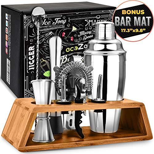 Cocktail Set with Bonus Bar Mat | Bartender Mixing Tool Kit with Elegant Wooden Stand | Premium Bar Set Cocktail Shaker Set | Best Gifts Ideas for Him (Husband, Boyfriend, Dad) Ideal for housewarming