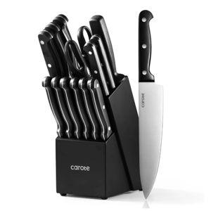 CAROTE 14 Pieces Knife Set with Block, Forged, High Carbon Stainless Steel Sharp Blade Block Knife Set, Dishwasher Safe Cutlery, Black