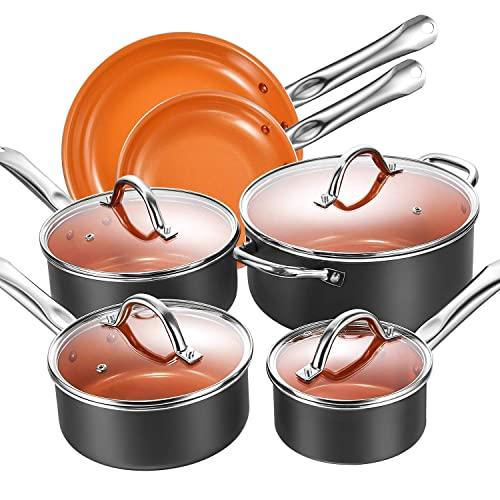 Cookware Set, Aicook 10-Piece Copper Pots and Pans Set, Non Stick Induction Cookware with Stainless Steel Induction Bottom, Dishwasher and Oven Safe