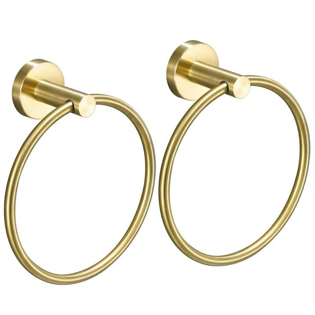 USHOWER 2 Pack Brushed Gold Towel Ring, Hand Towel Holder for Bathroom Wall Mounted, Durable 304 Stainless Steel, Modern Style