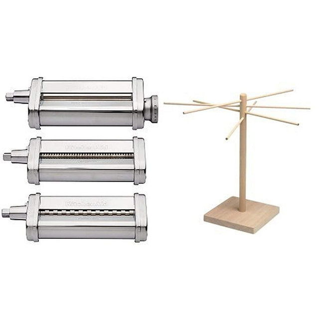 KitchenAid KSMPRA 3 Piece Pasta Roller & Cutter Attachment Set, Silver and Norpro Pasta Drying Rack Bundle