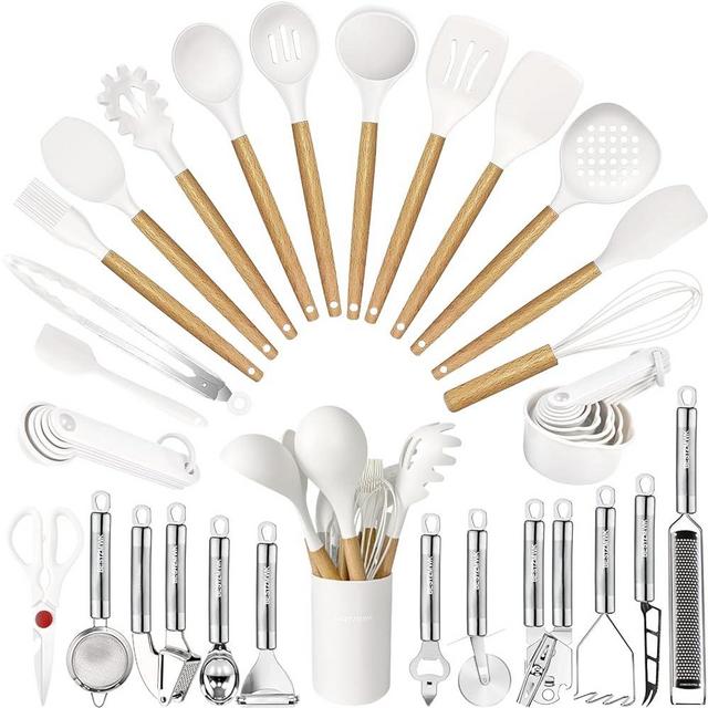 Cooking Utensils Set- 35 PCs Kitchen Utensils with Grater,Tongs, Spoon Spatula &Turner Made of Heat Resistant Food Grade Silicone and Wooden Handles Kitchen Gadgets Tools Set for Cookware
