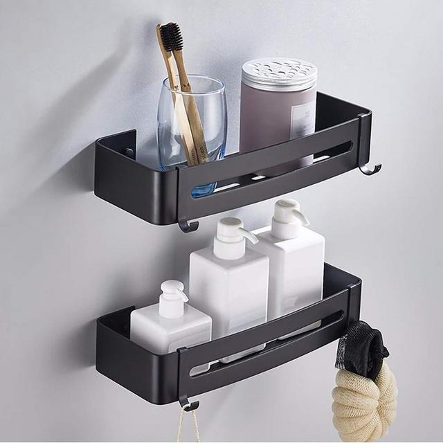 Felibeaco 2 pack Shower Caddy, Aluminum Rectangle Bathroom Shelf, No Drilling Wall Mounted Basket Organizer Rack for Washroom, Toilet, Dorm, Rustproof Kitchen Spice Storage Rack, Black
