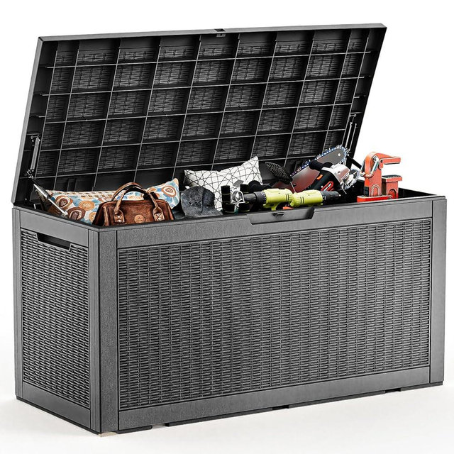 100 Gallon Deck Box,Resin Outdoor Storage Box with Lockable for Patio Furniture, Pool Accessories, Garden Tools Waterproof Outside Storage Box, Black
