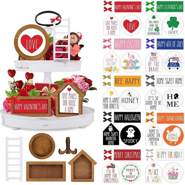 Farmhouse Valentines Day Tiered Tray Decor Set - Year Round Seasonal Interchangeable Holiday Rustic Wooden Frames with Cards, Ladder for Home Kitchen Table St Patricks Decorations Centerpiece