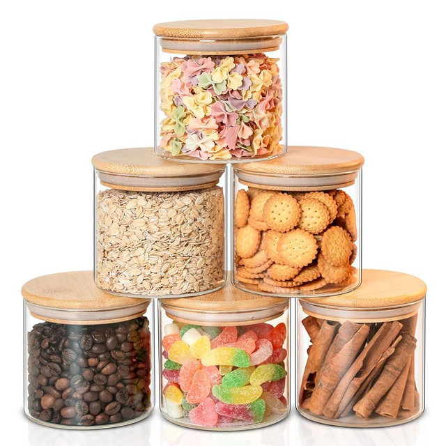 Glass Food Storage Jars 6-Pack - 4x4 in-Clear Glass Food Canisters with Bamboo Lid Airtight For Serving Tea, Coffee, Flour, Sugar, Candy, Cookie, Spice and More (Circular)