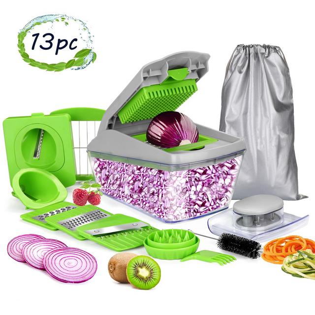 Vegetable Chopper Slicer Dicer 13 Pieces, Vegetable Spiralizer Mandoline Slicer Vegetable Dicer Food Chopper Dicer Pro, Veggie Shredder Cutter, with Brush and Organizer Bag, Dishwasher Safe