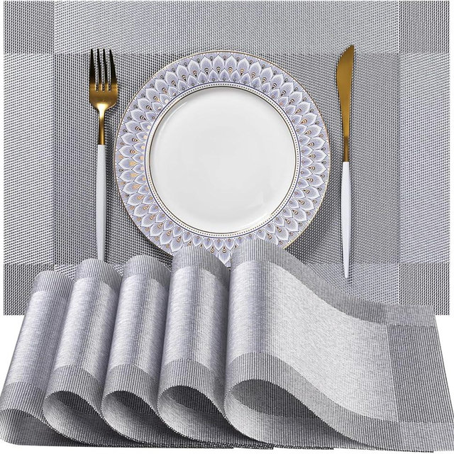 LEXMORE PVC Woven Placemats 6 PCS Wipeable Indoor/Outdoor Table Mats Washable Vinyl Place Mats for Dining Table, Set of 6-Silver Cube