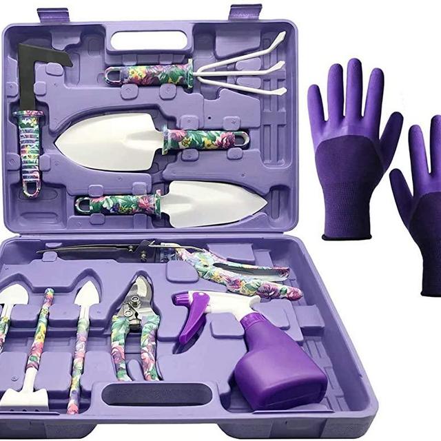 JUMPHIGH Garden Tools Set, 11 Pieces Purple Floral Gardening Tools, Garden Kit with Trowel Rake Weeder Pruner Shears Sprayer Carrying Case and Garden Gloves, Gardening Gifts for Women