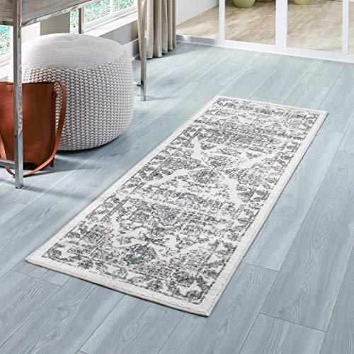 Maples Rugs Distressed Tapestry Vintage Non Slip Runner Rug For Hallway Entry Way Floor Carpet [Made in USA], 2 x 6, Neutral