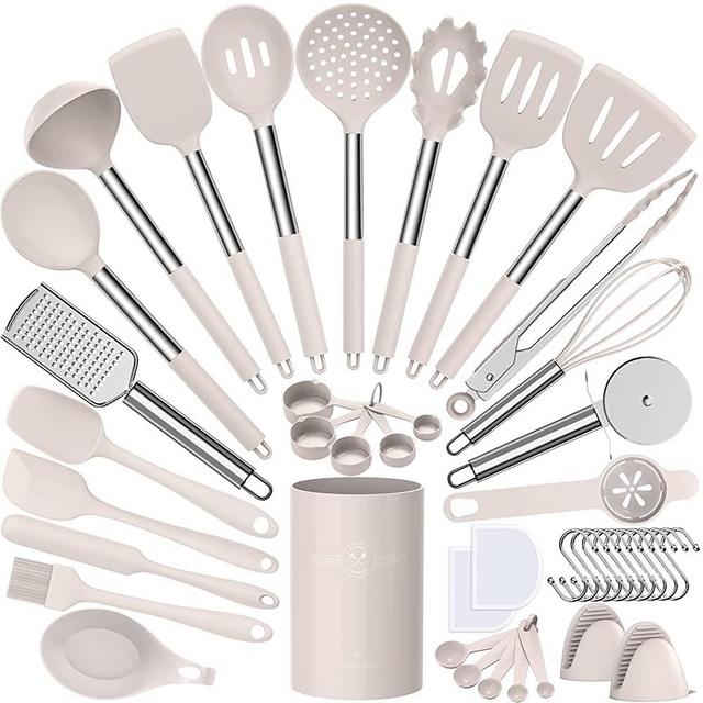 Umite Chef Silicone Kitchen Cooking Utensil Set, 43 pcs Silicone Kitchen Spatula Utensils Set with Stainess Steel Handle, Non-stick Heat Resistant - Best Kitchen Cookware Set-(Khaki)