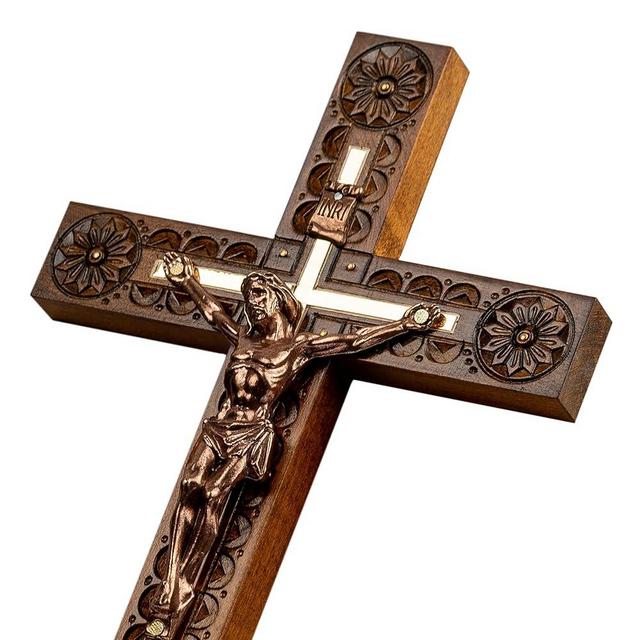 Woodvio - Hand carved wooden wall cross, Catholic crucifix