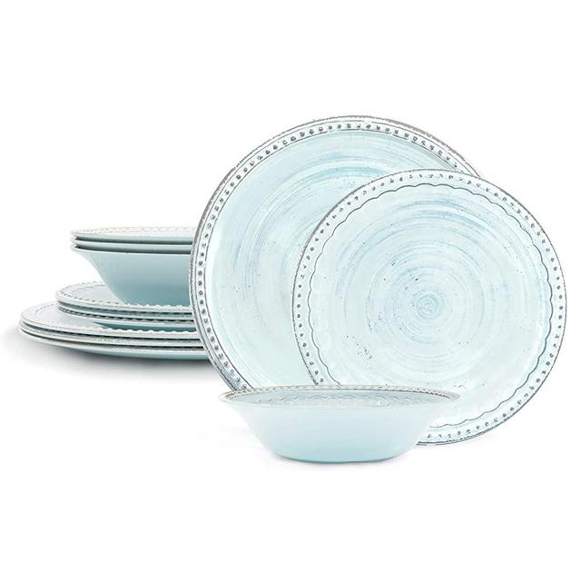 Zak Designs French Country House Melamine Dinnerware Set Includes Dinner, Salad Plates, and Individual Bowls, 12-Piece, Break-resistant Dishwasher Safe (Lavage Sky)