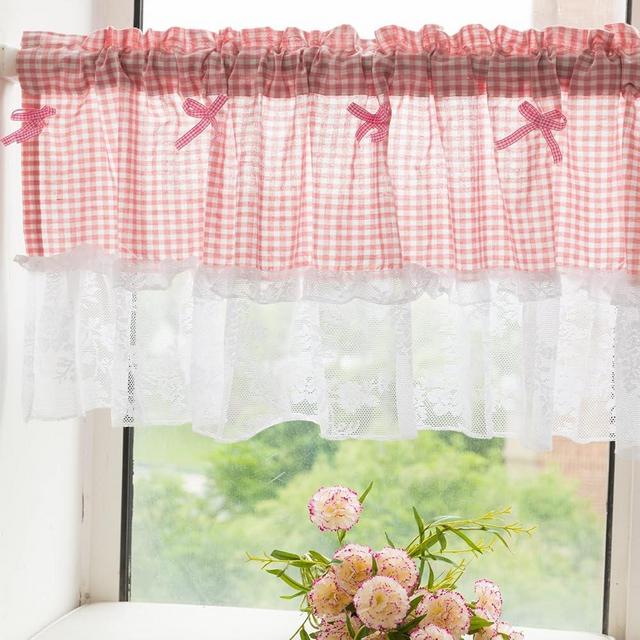 Deeprove Valance Curtain Lace Buffalo Check Plaid Gingham Patchwork, Short Window Curtain with Knots for Country Kitchen Cafe, Rod Pocket 1 Panel, 42" W x18 L, Pink