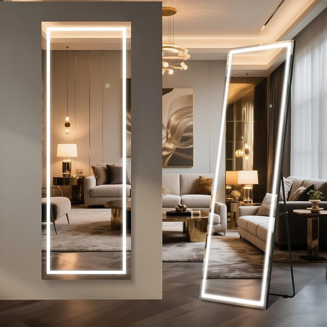 Kosmonia 65x24 Full Length Mirror, Dimmable 3 Color LED Light w/Light Memory, Distortion Free Silver Coating Mirror, HD Reflection &Anti Desilvering,Tempered Glass, Easy Setup w/Stand, Wall/Standing