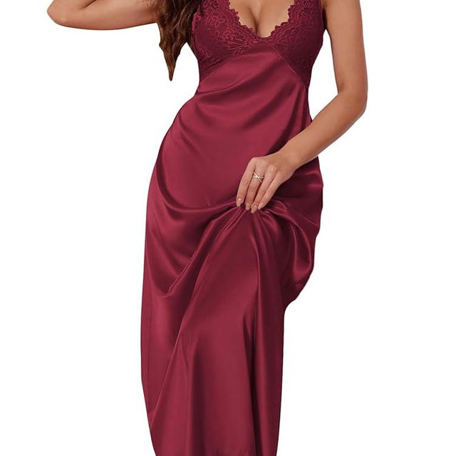 WDIRARA Women's Lace Backless Sexy Long Satin Sleepwear Deep V Neck Sleeveless Nightgown