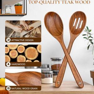 2Pcs Wooden Spoons for Cooking, Natural Premium Teak Wooden Spoon & Slotted Spoon, Good Grip Large Cooking Spoons Spatula, Heat Resistant Wooden Kitchen Cooking Utensils Set for Nonstick Cookware