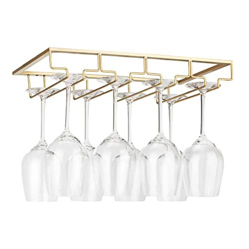 Wine Glass Rack Under Cabinet - Stemware Holder Metal Wine Glass Organizer Glasses Storage Hanger for Bar Kitchen Gold 4 Rows