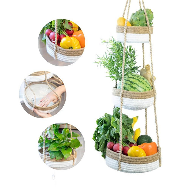 CEDAR+PINE 3-Tier Hanging Fruit Basket Natural Woven Cotton Hanging Baskets with Strong Jute Rope Hanger Produce Basket in Gift Box Modern Hanging Basket for Kitchen